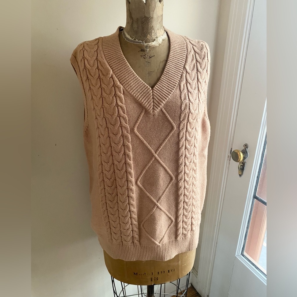 Cable Knit Fisherman Sweater Vest Tan Grandpa Cottagecore XL